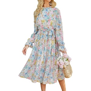 image:imageANRABESS Womens Floral Chiffon Midi Dress Puff Long Sleeve Mock Neck Summer Wedding Guest Party Dresses Fall 2026 OutfitsFloral Blue Pink