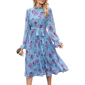 image:imageANRABESS Womens Floral Chiffon Midi Dress Puff Long Sleeve Mock Neck Summer Wedding Guest Party Dresses Fall 2026 OutfitsFloral Blue Purple