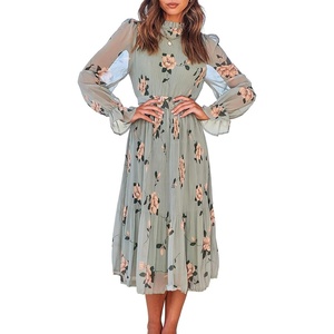 image:imageANRABESS Womens Floral Chiffon Midi Dress Puff Long Sleeve Mock Neck Summer Wedding Guest Party Dresses Fall 2026 OutfitsFloral Green