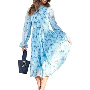 image:imageANRABESS Womens Floral Chiffon Midi Dress Puff Long Sleeve Mock Neck Summer Wedding Guest Party Dresses Fall 2026 OutfitsFloral Leaf
