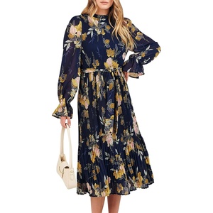 image:imageANRABESS Womens Floral Chiffon Midi Dress Puff Long Sleeve Mock Neck Summer Wedding Guest Party Dresses Fall 2026 OutfitsFloral Navy
