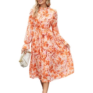 image:imageANRABESS Womens Floral Chiffon Midi Dress Puff Long Sleeve Mock Neck Summer Wedding Guest Party Dresses Fall 2026 OutfitsFloral Orange