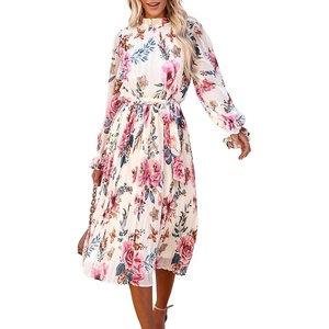 image:imageANRABESS Womens Floral Chiffon Midi Dress Puff Long Sleeve Mock Neck Summer Wedding Guest Party Dresses Fall 2026 OutfitsFloral Pink