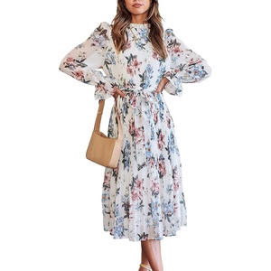 image:imageANRABESS Womens Floral Chiffon Midi Dress Puff Long Sleeve Mock Neck Summer Wedding Guest Party Dresses Fall 2026 OutfitsFloral White