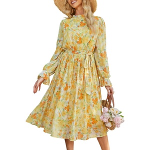 image:imageANRABESS Womens Floral Chiffon Midi Dress Puff Long Sleeve Mock Neck Summer Wedding Guest Party Dresses Fall 2026 OutfitsFloral Yellow Orange