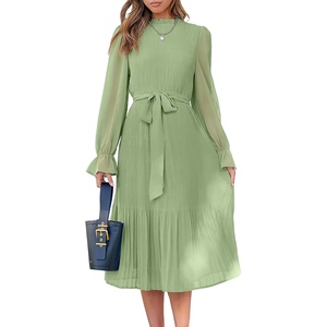 image:imageANRABESS Womens Floral Chiffon Midi Dress Puff Long Sleeve Mock Neck Summer Wedding Guest Party Dresses Fall 2026 OutfitsGreen