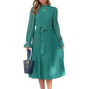 image:imageANRABESS Womens Floral Chiffon Midi Dress Puff Long Sleeve Mock Neck Summer Wedding Guest Party Dresses Fall 2026 OutfitsLake