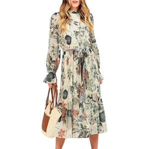 image:imageANRABESS Womens Floral Chiffon Midi Dress Puff Long Sleeve Mock Neck Summer Wedding Guest Party Dresses Fall 2026 OutfitsLeaf Apricot