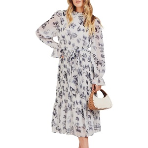 image:imageANRABESS Womens Floral Chiffon Midi Dress Puff Long Sleeve Mock Neck Summer Wedding Guest Party Dresses Fall 2026 OutfitsLeaf White