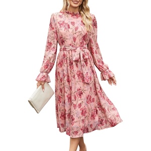 image:imageANRABESS Womens Floral Chiffon Midi Dress Puff Long Sleeve Mock Neck Summer Wedding Guest Party Dresses Fall 2026 OutfitsPink Red Rose