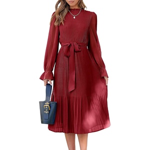 image:imageANRABESS Womens Floral Chiffon Midi Dress Puff Long Sleeve Mock Neck Summer Wedding Guest Party Dresses Fall 2026 OutfitsRed