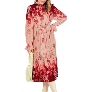 image:imageANRABESS Womens Floral Chiffon Midi Dress Puff Long Sleeve Mock Neck Summer Wedding Guest Party Dresses Fall 2026 OutfitsRose Pink
