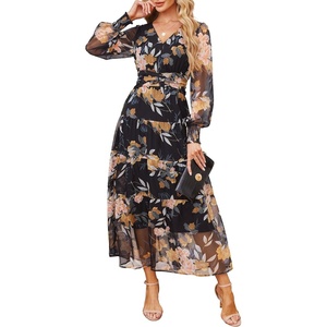 image:imageANRABESS Womens Floral Long Sleeve Maxi Dress V Neck Chiffon Flowy Boho ALine 2026 Spring Wedding Guest Party Wrap DressesBlack Floral Yellow