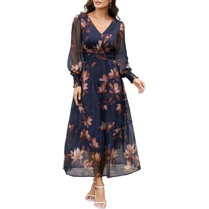 image:imageANRABESS Womens Floral Long Sleeve Maxi Dress V Neck Chiffon Flowy Boho ALine 2026 Spring Wedding Guest Party Wrap DressesBrown Floral Golden