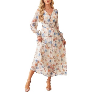 image:imageANRABESS Womens Floral Long Sleeve Maxi Dress V Neck Chiffon Flowy Boho ALine 2026 Spring Wedding Guest Party Wrap DressesFloral Beige