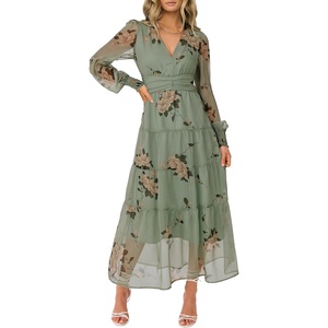image:imageANRABESS Womens Floral Long Sleeve Maxi Dress V Neck Chiffon Flowy Boho ALine 2026 Spring Wedding Guest Party Wrap DressesFloral Green