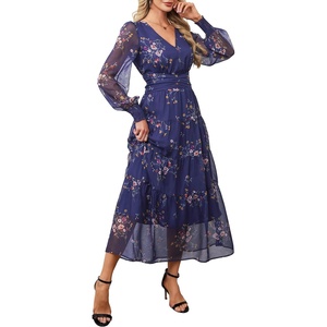 image:imageANRABESS Womens Floral Long Sleeve Maxi Dress V Neck Chiffon Flowy Boho ALine 2026 Spring Wedding Guest Party Wrap DressesFloral Navy Blue