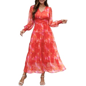 image:imageANRABESS Womens Floral Long Sleeve Maxi Dress V Neck Chiffon Flowy Boho ALine 2026 Spring Wedding Guest Party Wrap DressesFloral Red
