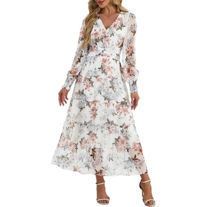image:imageANRABESS Womens Floral Long Sleeve Maxi Dress V Neck Chiffon Flowy Boho ALine 2026 Spring Wedding Guest Party Wrap DressesFloral White