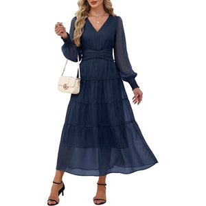 image:imageANRABESS Womens Floral Long Sleeve Maxi Dress V Neck Chiffon Flowy Boho ALine 2026 Spring Wedding Guest Party Wrap DressesNavy Blue