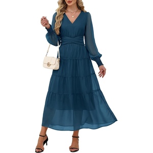 image:imageANRABESS Womens Floral Long Sleeve Maxi Dress V Neck Chiffon Flowy Boho ALine 2026 Spring Wedding Guest Party Wrap DressesTeal