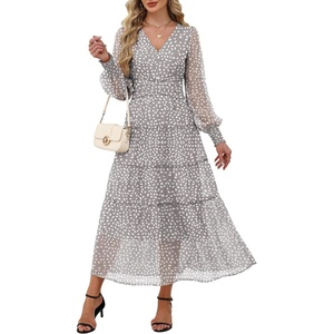 image:imageANRABESS Womens Floral Long Sleeve Maxi Dress V Neck Chiffon Flowy Boho ALine 2026 Spring Wedding Guest Party Wrap DressesWhite Dot