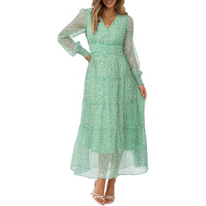 image:imageANRABESS Womens Floral Long Sleeve Maxi Dress V Neck Chiffon Flowy Boho ALine 2026 Spring Wedding Guest Party Wrap DressesWhite Dot Green