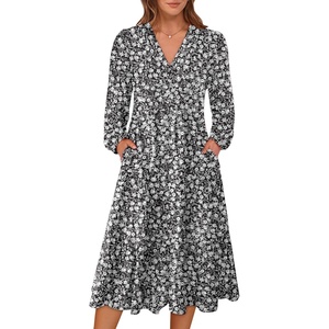 image:imageANRABESS Womens Long Lantern Sleeve Floral Midi Dresses 2026 Fall V Neck Casual Flowy Aline Tiered Boho Vacation DressFloral Black