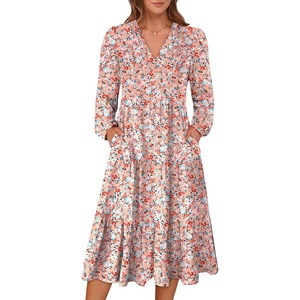 image:imageANRABESS Womens Long Lantern Sleeve Floral Midi Dresses 2026 Fall V Neck Casual Flowy Aline Tiered Boho Vacation DressFloral Pink