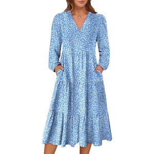 image:imageANRABESS Womens Long Lantern Sleeve Floral Midi Dresses 2026 Fall V Neck Casual Flowy Aline Tiered Boho Vacation DressFloral White Blue