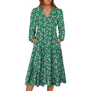 image:imageANRABESS Womens Long Lantern Sleeve Floral Midi Dresses 2026 Fall V Neck Casual Flowy Aline Tiered Boho Vacation DressFloral White Green