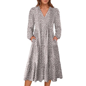image:imageANRABESS Womens Long Lantern Sleeve Floral Midi Dresses 2026 Fall V Neck Casual Flowy Aline Tiered Boho Vacation DressGrey White Spot Print