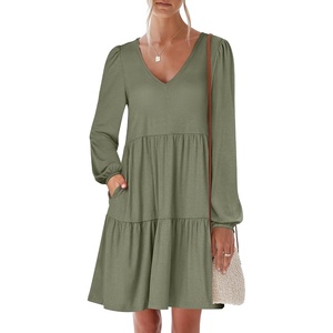 image:imageANRABESS Womens Long Sleeve Dress 2026 Spring Casual V Neck Tiered Flowy Short Dresses Beach Travel Vacation ClothesArmy Green