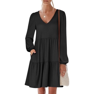 image:imageANRABESS Womens Long Sleeve Dress 2026 Spring Casual V Neck Tiered Flowy Short Dresses Beach Travel Vacation ClothesBlack