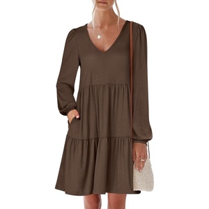 image:imageANRABESS Womens Long Sleeve Dress 2026 Spring Casual V Neck Tiered Flowy Short Dresses Beach Travel Vacation ClothesCoffee