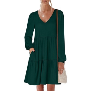 image:imageANRABESS Womens Long Sleeve Dress 2026 Spring Casual V Neck Tiered Flowy Short Dresses Beach Travel Vacation ClothesDeep Green
