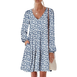 image:imageANRABESS Womens Long Sleeve Dress 2026 Spring Casual V Neck Tiered Flowy Short Dresses Beach Travel Vacation ClothesFloral Blue