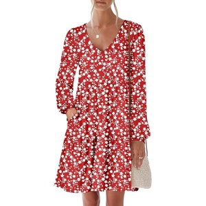 image:imageANRABESS Womens Long Sleeve Dress 2026 Spring Casual V Neck Tiered Flowy Short Dresses Beach Travel Vacation ClothesFloral Red