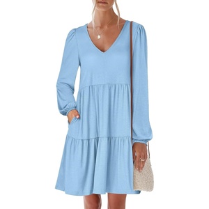 image:imageANRABESS Womens Long Sleeve Dress 2026 Spring Casual V Neck Tiered Flowy Short Dresses Beach Travel Vacation ClothesLight Blue