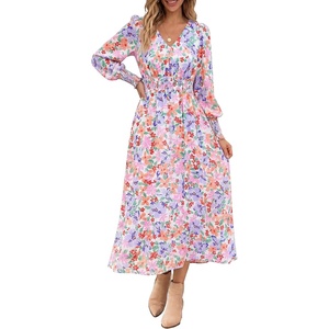 image:imageANRABESS Womens Long Sleeve Floral Maxi Dress Casual V Neck Chiffon Boho Flowy Beach Fall Wedding Guest Party Long DressesCrayon Multicolored Floral