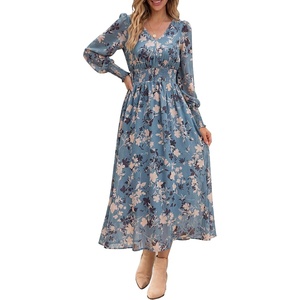 image:imageANRABESS Womens Long Sleeve Floral Maxi Dress Casual V Neck Chiffon Boho Flowy Beach Fall Wedding Guest Party Long DressesFloral Blue Apricot