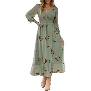 image:imageANRABESS Womens Long Sleeve Floral Maxi Dress Casual V Neck Chiffon Boho Flowy Beach Fall Wedding Guest Party Long DressesFloral Green