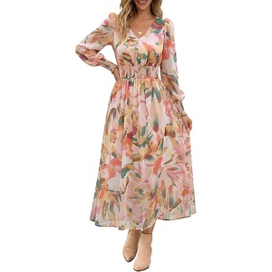 image:imageANRABESS Womens Long Sleeve Floral Maxi Dress Casual V Neck Chiffon Boho Flowy Beach Fall Wedding Guest Party Long DressesFloral Orange