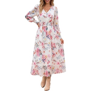 image:imageANRABESS Womens Long Sleeve Floral Maxi Dress Casual V Neck Chiffon Boho Flowy Beach Fall Wedding Guest Party Long DressesFloral Pink