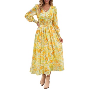 image:imageANRABESS Womens Long Sleeve Floral Maxi Dress Casual V Neck Chiffon Boho Flowy Beach Fall Wedding Guest Party Long DressesFloral Yellow Orange