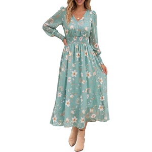 image:imageANRABESS Womens Long Sleeve Floral Maxi Dress Casual V Neck Chiffon Boho Flowy Beach Fall Wedding Guest Party Long DressesGreen White Floral