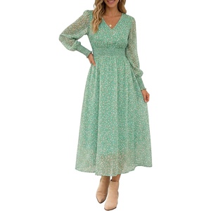 image:imageANRABESS Womens Long Sleeve Floral Maxi Dress Casual V Neck Chiffon Boho Flowy Beach Fall Wedding Guest Party Long DressesGreen White Point