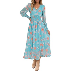 image:imageANRABESS Womens Long Sleeve Floral Maxi Dress Casual V Neck Chiffon Boho Flowy Beach Fall Wedding Guest Party Long DressesOrange White Floral