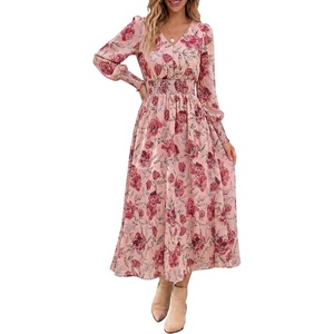 image:imageANRABESS Womens Long Sleeve Floral Maxi Dress Casual V Neck Chiffon Boho Flowy Beach Fall Wedding Guest Party Long DressesRose Red Floral