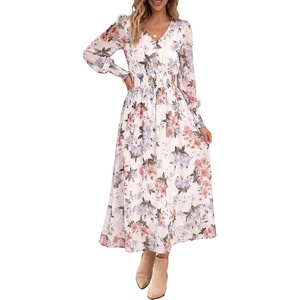 image:imageANRABESS Womens Long Sleeve Floral Maxi Dress Casual V Neck Chiffon Boho Flowy Beach Fall Wedding Guest Party Long DressesWhite Flor